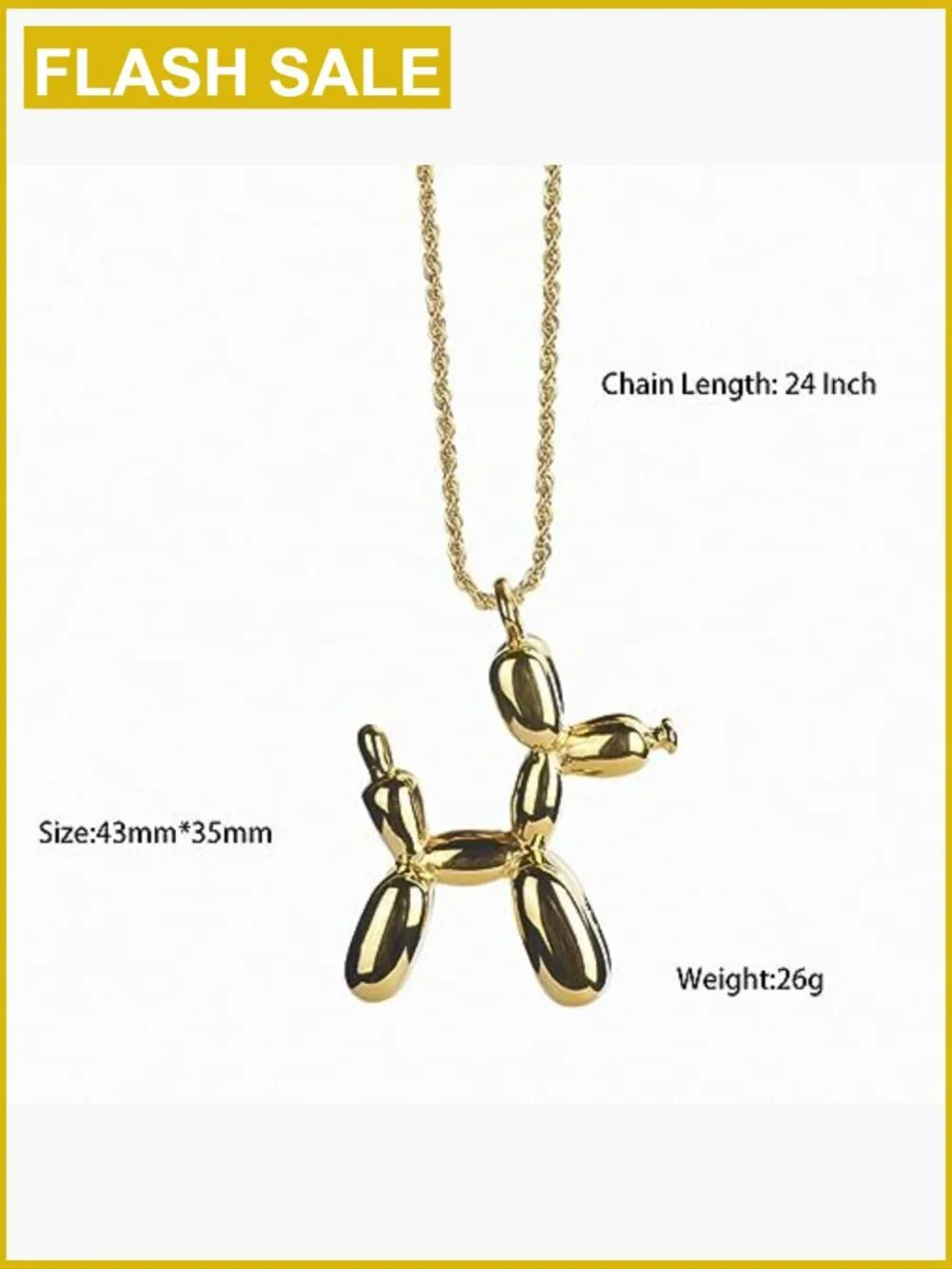3D Stainless Steel Balloon Dog Pendant Necklace 24in Chain